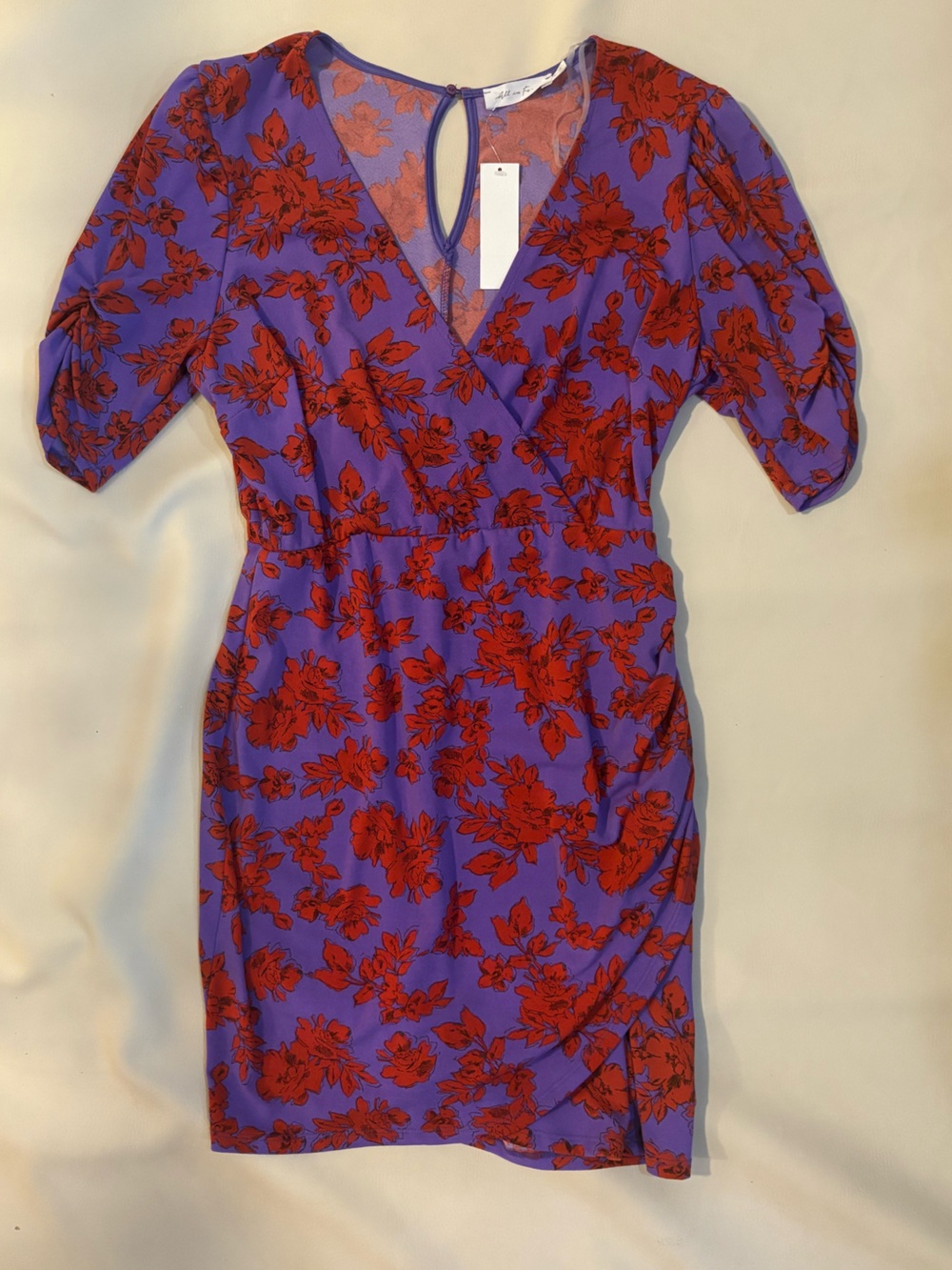 All in Favor Purple Mini Wrap Bodysuit Dress with Red Floral Print